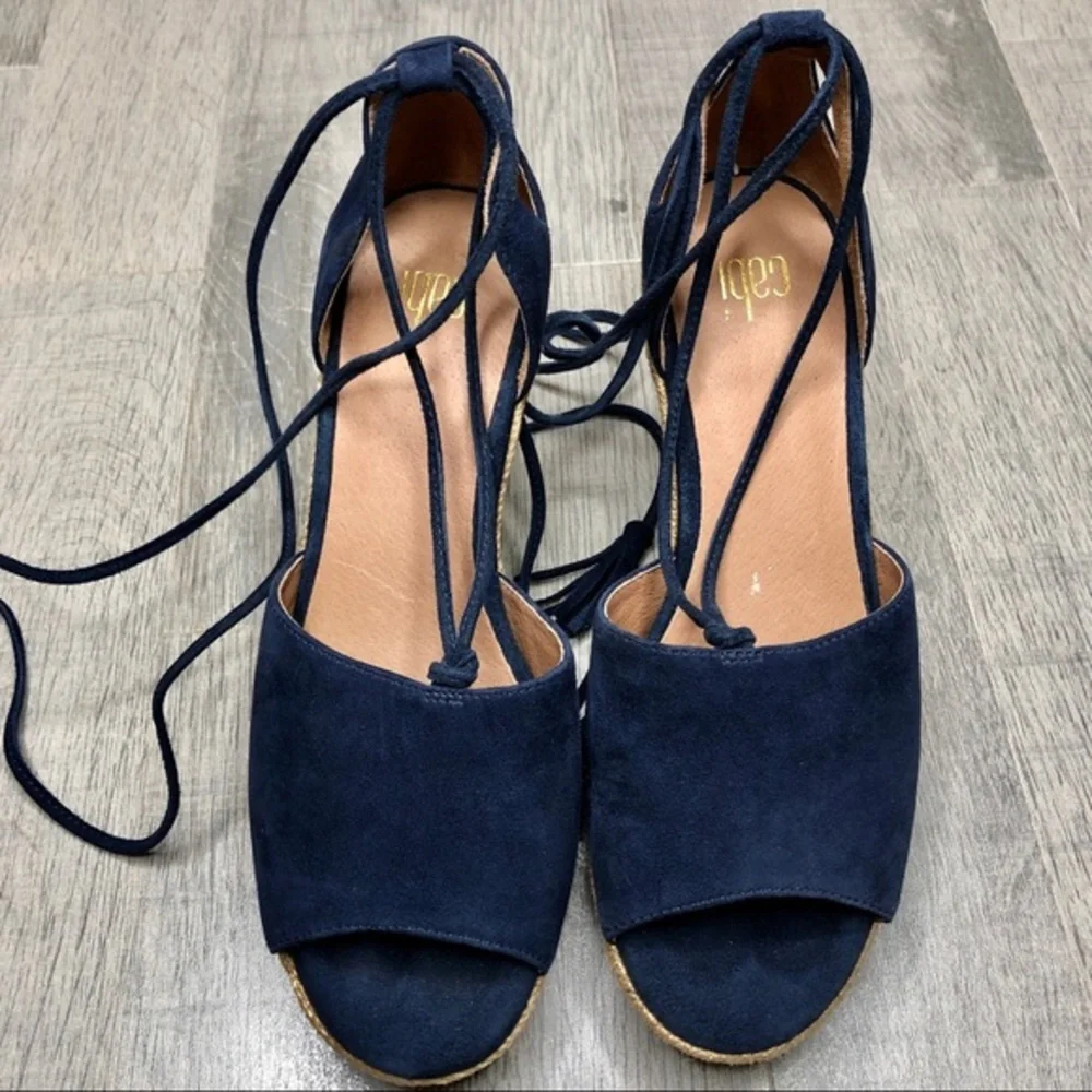 Cabi Isla leather espadrille ankle‎ tie wedge size 6 navy embroidered